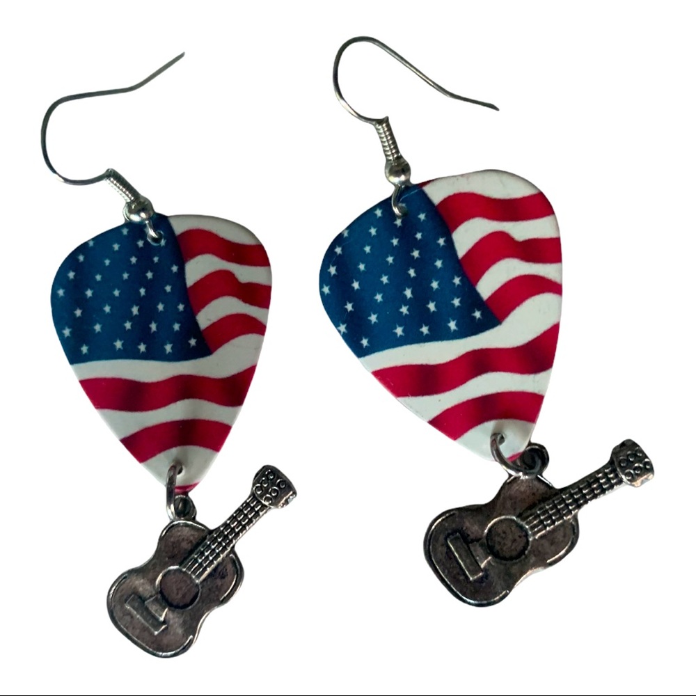 Earrings guitar pick red white and blue